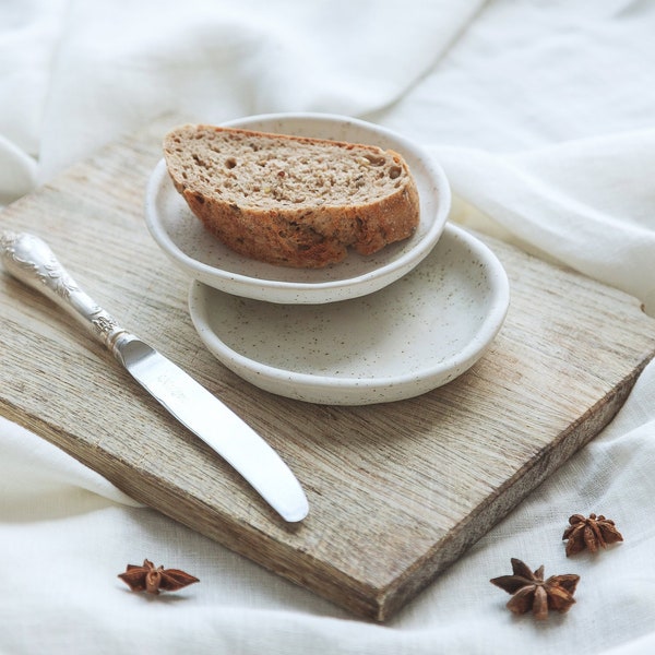 Ceramic plate, Speckled white tiny plate, Food photography prop, Minimal irregular dish for food styling, Small saucer, Tea bag dish