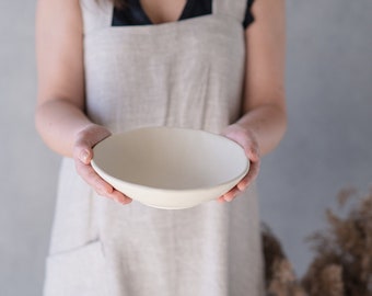 Ceramic salad bowl, Pottery low bowl, Beige large stoneware ice cream bowl, Handmade minimalist pasta lover dish, Unique foodie gift