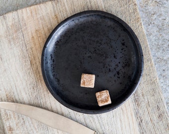 Tiny plate pottery organic, Mini dish, Small plate ceramic, Side table plate, Starter plate black, One bite serving dish, Tea bag plate