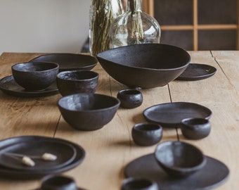 Fall ceramic dish set for 4 people, Black stoneware dinnerware, Pottery housewares, Handmade crockery tableware, Irregular plates and bowls