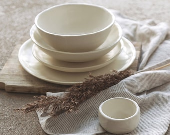 Handmade Creamy Ceramic Dinnerware Set, Organic Stoneware Dishes