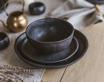 Ceramic Black Dinnerware Set, stoneware dinnerware set, minimalist dinner plate, rustic dessert plate and soup bowl country home table decor