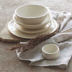 Pottery dinnerware, Creamy stoneware dinner ware, Place settings, Tableware set, Organic shaped handmade dishes, Ceramic dining table set