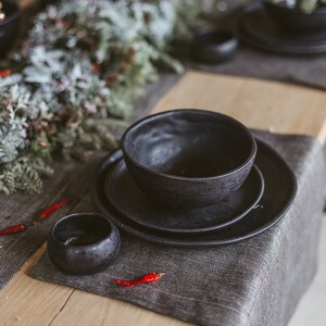 Black Dinnerware, Handmade Ceramic Dinner Set, Rustic Pottery Full 48 Pieces Dish Set,  Stoneware Plateware