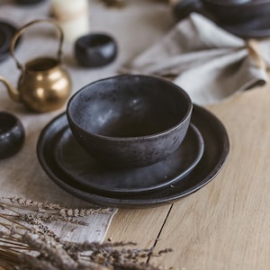 Dinnerware set for 12, Ceramic black dinner set, Stoneware dish set, Handmade full table setting, 3 piece set rustic pottery