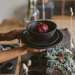 Handmade Dinnerware Set, Black Stoneware dinning set, One-person ceramic dinner set, Pottery dishes,