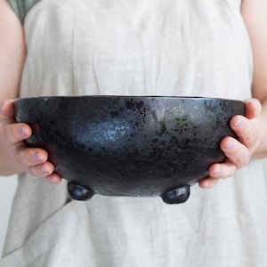Big Black Bowl, Irregular Stoneware Fruit Bowl, Ceramic Centerpiece Bowl, Berry Dish, Large Pottery Salad Bowl, Scandinavian