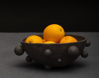 Fruit bowl with bubbles, Large black matte ceramic blob dish, Handmade stoneware decorative centerpiece, Organic pottery gift from Vilnius