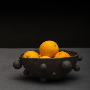 Fruit bowl with bubbles, Large black matte ceramic blob dish, Handmade stoneware decorative centerpiece, Organic pottery gift from Vilnius
