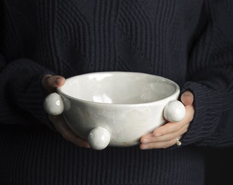 Ceramic bowl with bubble decor, Small pearl white decorative bowl, Handmade stoneware blobs dish, Organic pottery gift, Open shelf decor