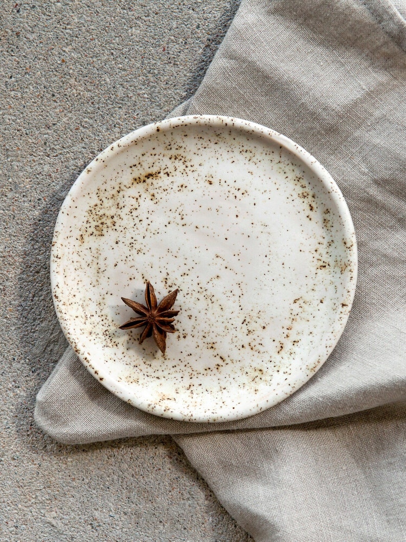 Mini side plate, Speckled small plate, White ceramic saucer, Pottery spoon rest, Handbuilt rustic dish, Special girl gift Engagement present