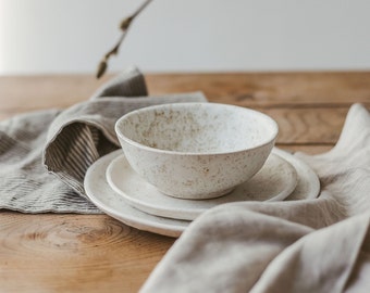 Dishes set for 8, Artisan pottery dinnerware, Organic rustic exceptional dishware, Speckled white dinner plate dessert plate and soup bowl