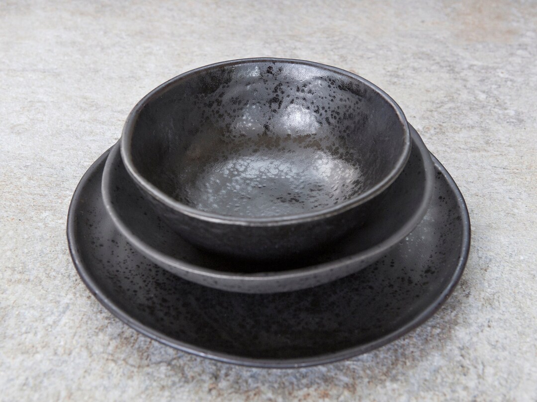 Dish Set Stoneware, 3 Piece Rustic Pottery Dinnerware, Black Distress