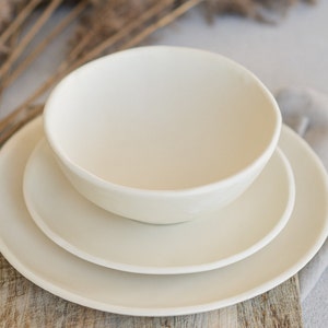Stoneware dinnerware set cream, Place setting for 12, Minimalist full dinner set, Organic dish set, 40th birthday gift for women