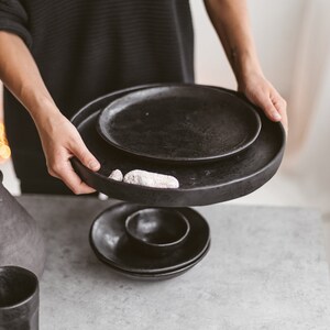 dinnerware set, pottery, ceramics dinner set, dish set, dinnerware, black plate set for 8 people