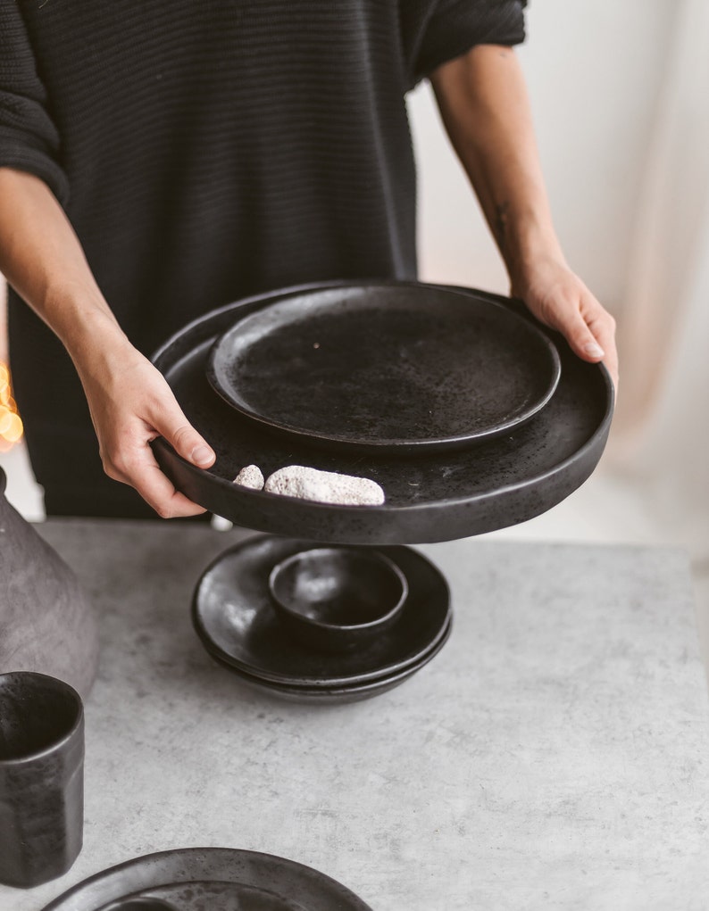 dinnerware set, pottery, ceramics dinner set, dish set, dinnerware, black plate set for 8 people