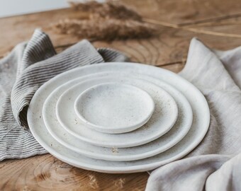 4 Ceramic Plates Set, Organic Stoneware Dinnerware Set, Irregular Dinner Plates, White Speckled Plates, Handmade Pottery Dish Set