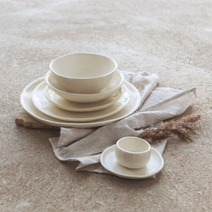 Pottery dinnerware set for one person, Creamy stoneware dinnerware, Pottery place settings, Tableware set, Organic dinnerware