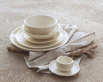 Pottery dinnerware set for one person, Creamy stoneware dinnerware, Pottery place settings, Tableware set, Organic dinnerware