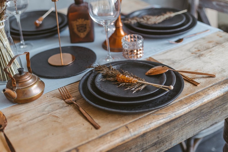 Black Ceramic Dining Plates Set Of 3, Fall Wedding Tablescape, Modern Look Distressed Dinnerware, Stoneware Table Setting, First Home Gift image 4