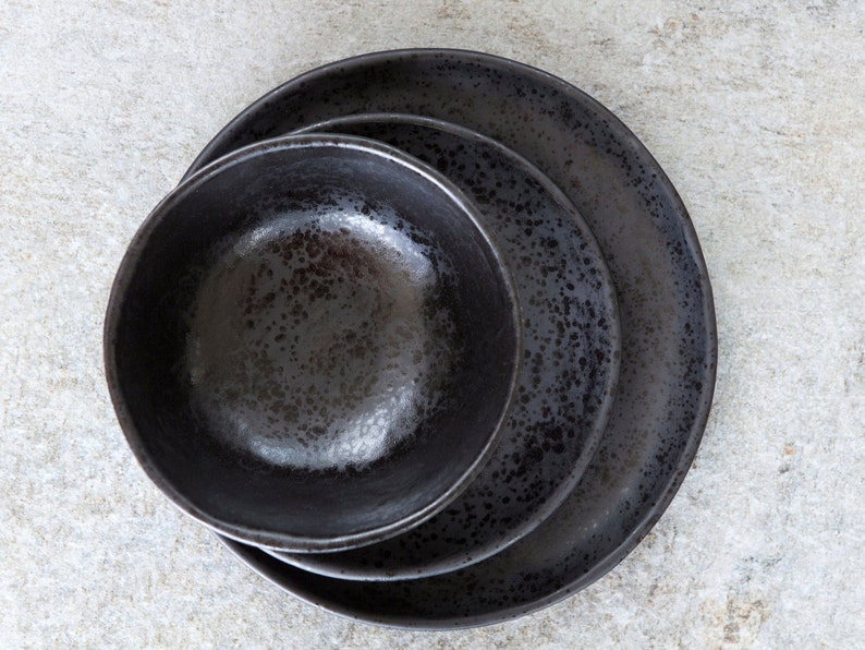 Ceramic Dishware Set, Black Matte Dishware, speckled Plates, Modern Dish Set, Lightweight Dishes, Unique Organic Dishes
