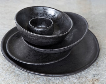 Stoneware dinnerware for 8, Formal dinner set, Handmade pottery black crockery, Large farmhouse dining tablescape, Christmas eve table decor