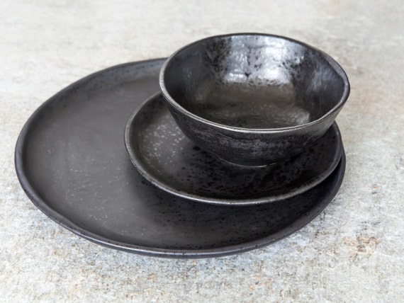 Black Dish Set, Unique Black Plate Set for 1-12, Black Ceramic Dinner Plates,  Black Dinnerware, Handmade Pottery Plates 