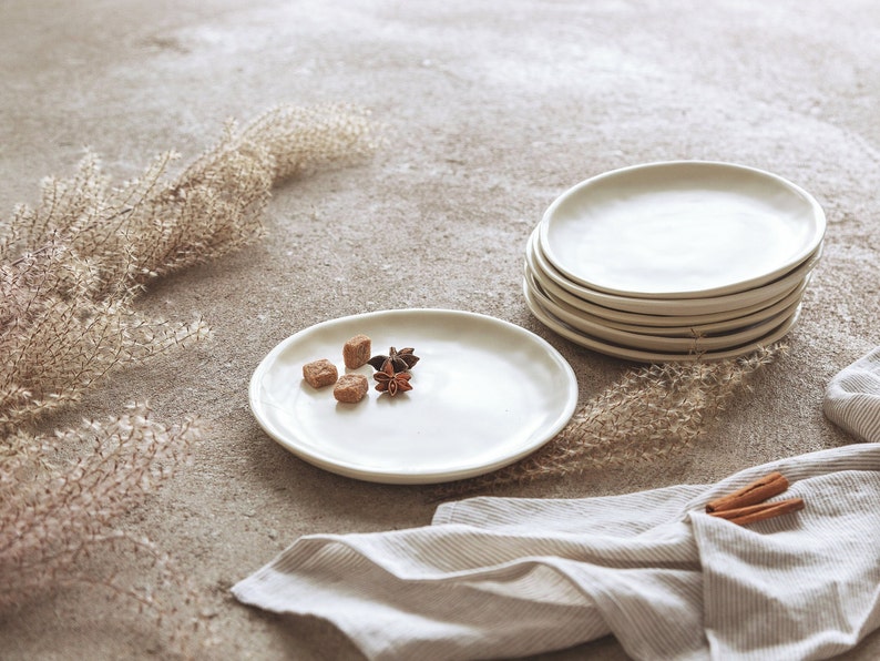 Set of 8 small side plates, handmade stoneware plates,  pottery ceramic plate set, white tableware, creamy functional pottery