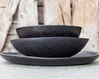 Black ceramic plate and bowl set of 3, table setting for one person, modern distress dinnerware, fall wedding tablescape, registry gift
