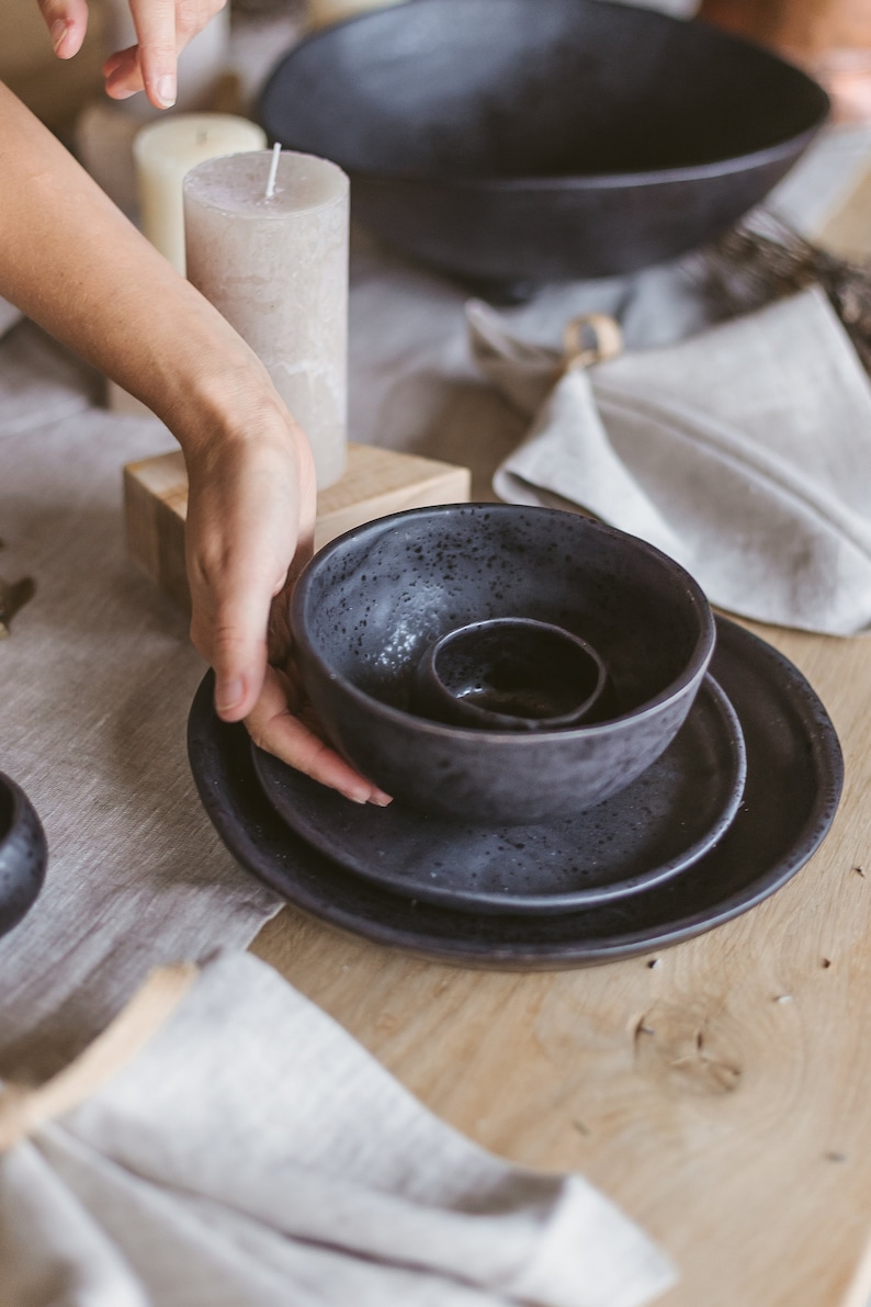 Ceramic dish set, Stoneware dinnerware set for 4,  Pottery dining table set, crockery dinner sets, Black housewares, Farmhouse tableware