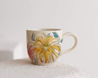 Ceramic Tea Cup With Handle and Handpainted Flowers, Personalized Handmade Modern Pottery Coffee Mugs, Customized Lover Gift Wedding Present