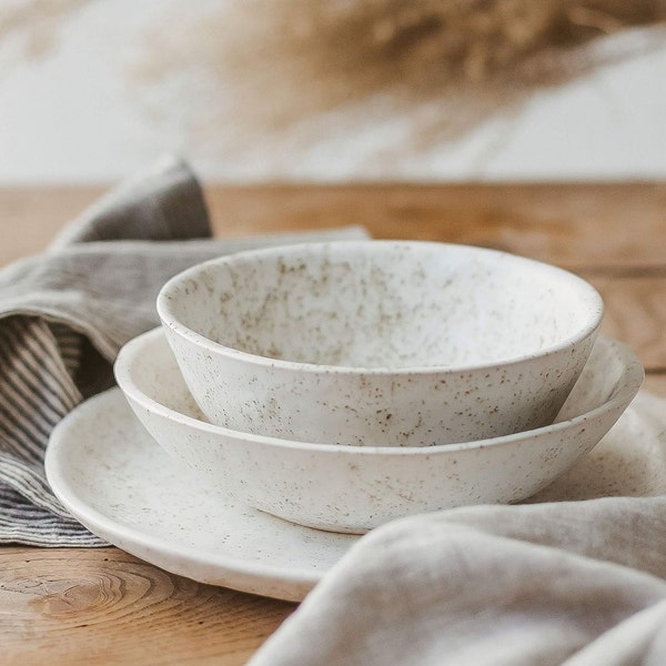 Pottery dinnerware, White speckled Plate and Bowl, Dish set, Handmade ceramic 3 piece place setting, Stoneware dining table set, SALE, gift