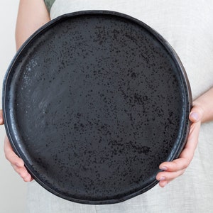 Black tray rustic, Large ceramic platter 13" round, Serving XL pottery dinner or coffee table tray, Kitchen island decorative serveware