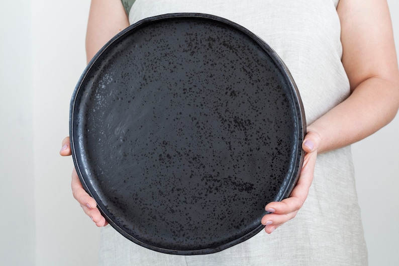 Black tray rustic, Large ceramic platter 13" round, Serving XL pottery dinner or coffee table tray, Kitchen island decorative serveware