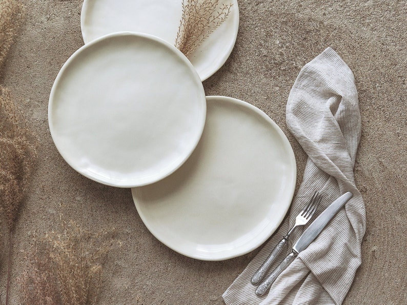 8pc plate set, slab handmade plates, off-white irregular shaped dishes,  pottery plates