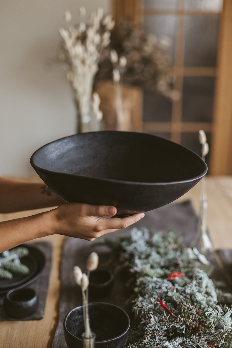 Black Ceramic Fruit Bowl Black Bowl Centerpiece Large Etsy