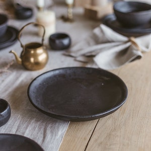 Large black plate handmade ceramic, Pottery dinner plate 10 inch, Rustic stoneware sushi plate, Irregular dish, Minimal organic dinnerware