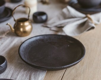 Large black plate handmade ceramic, Pottery dinner plate 10 inch, Rustic stoneware sushi plate, Irregular dish, Minimal organic dinnerware