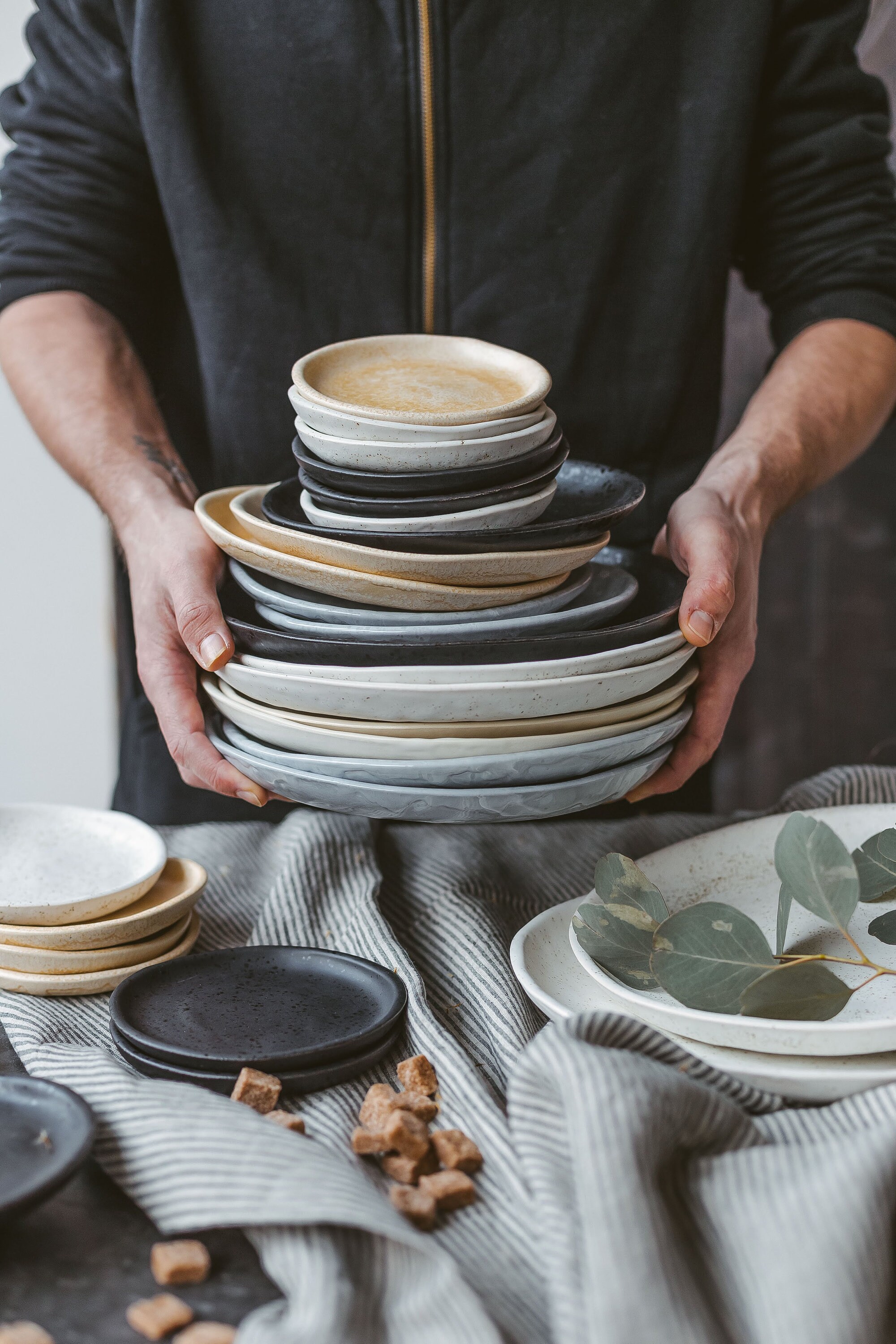 Ceramic Plates Set, 4 Size Pottery Pates, Rustic Dinnerware Set of ...