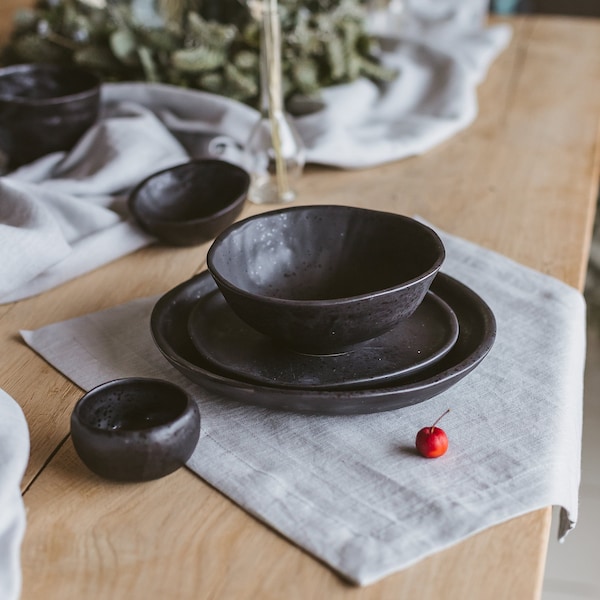 Handmade Black Stoneware Dinnerware Set, Rustic Ceramic Dishes