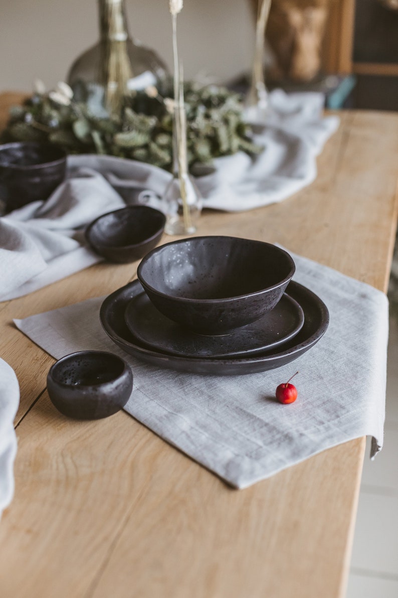 dinnerware set for 4, black crockery, handmade dish set