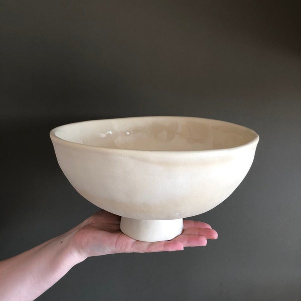Fruit bowl ceramic, Ivory pedestal bowl, Handmade pottery pillar dish, Stoneware decorative footed centerpiece, Housewarming aunt first gift