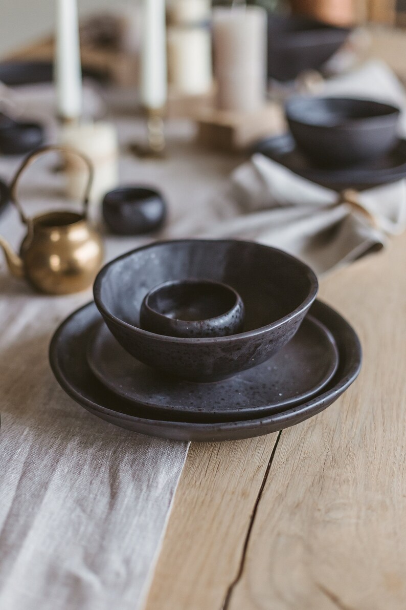Modern Black Rustic Dinnerware Set Ceramics Dinner Set Etsy