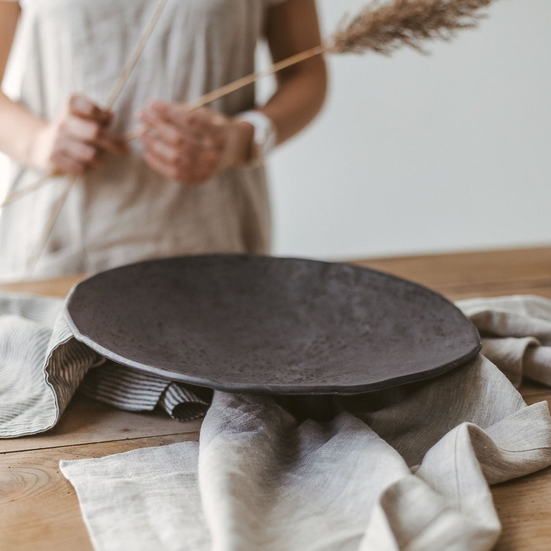 Extra black handmade stoneware serving plate,  black ceramic fruit bowl, wabi sabi large dish