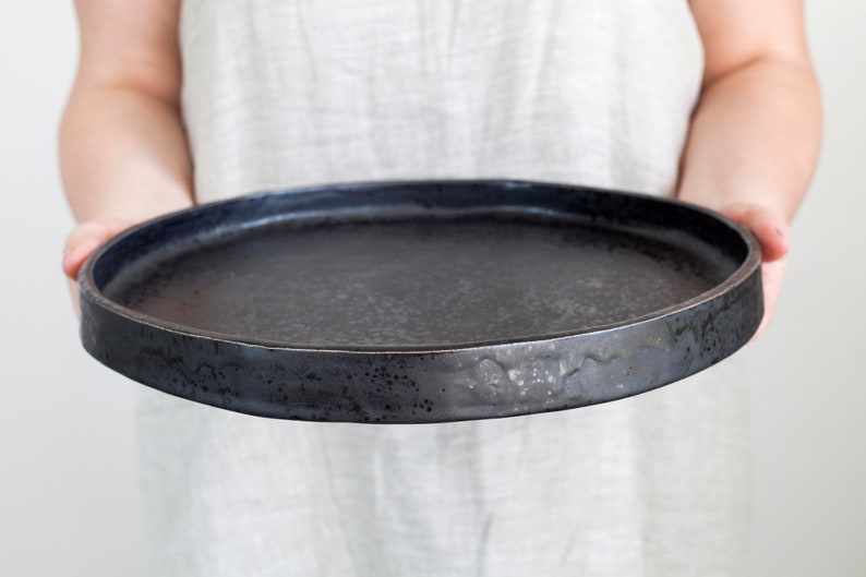 cheese board, Large ceramic platter, Extra black handmade stoneware serving plate, Dining table centerpiece tray, Fruit bowl,