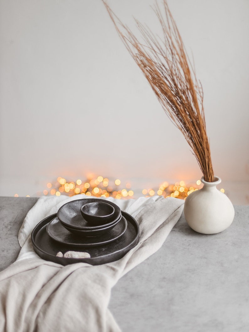 Black dish set for 8, Dinnerware set, Ceramics dinner set handmade, Stoneware tableware rustic, Pottery plate and bowl set, Dinner set solid