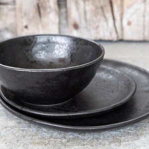 Rustic Stoneware Dinnerware, Irregular black Plate and bowl Set, Handmade Ceramic Dinner Set, Elegant Pottery Dinnerware, Unique Christmas Plate Set