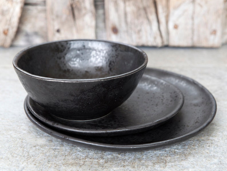 Rustic Stoneware Dinnerware, Irregular black Plate and bowl Set, Handmade Ceramic Dinner Set, Elegant Pottery Dinnerware, Unique Christmas Plate Set