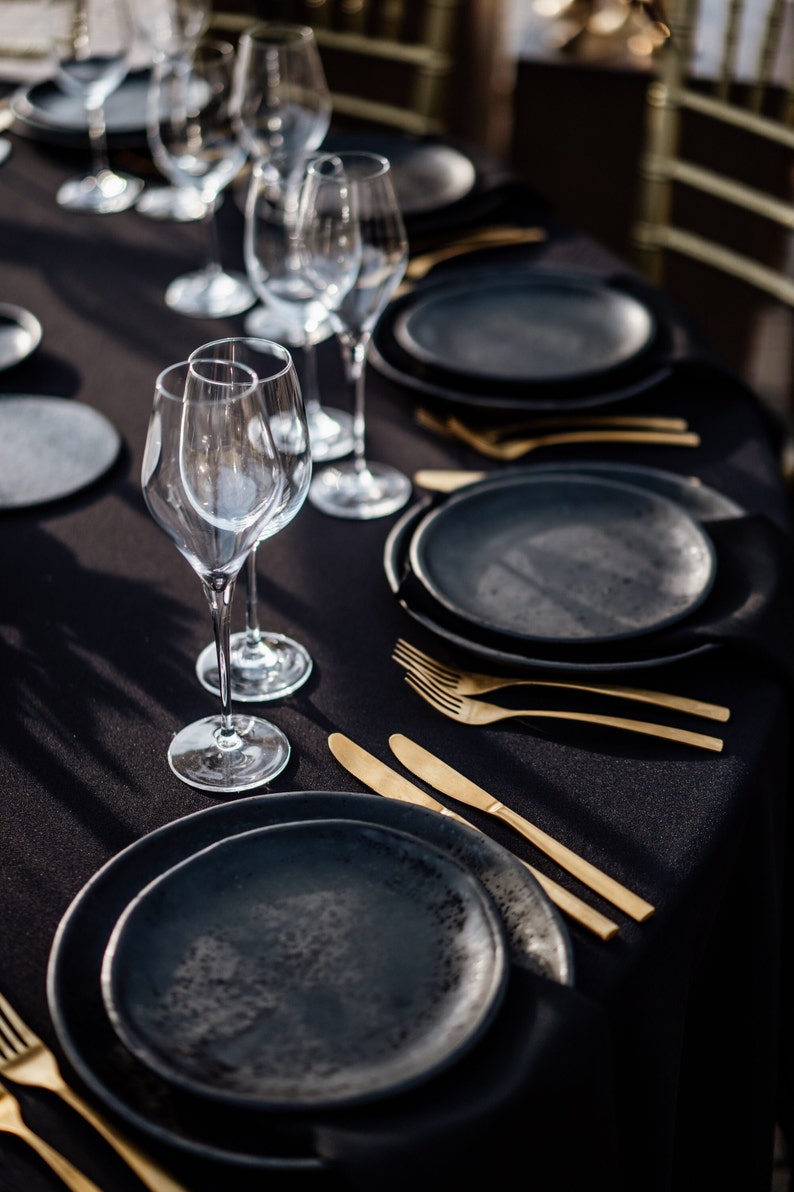 black tablescape setting, table set, ceramic stoneware dinner set, black tableware,  unique pottery dish set,  ceramic plates,