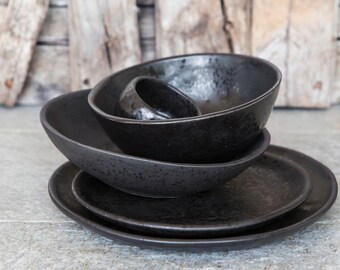 Black Dinnerware Set Settler Gift, Handmade Ceramic Dishes, Industrial Farmhouse Kitchen Pottery Tableware 30th Anniversary  Parents Present